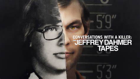 Promotional image for 'Conversations with a Killer: The Jeffrey Dahmer Tapes,' featuring a composite of two images: the left half shows a younger Dahmer wearing glasses in black and white, and the right half shows an older Dahmer in colour. A height chart is visible in the background.